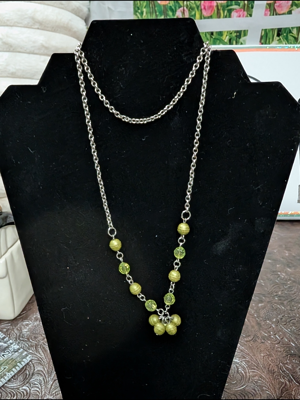 Silver Chain Necklace with Green Beads